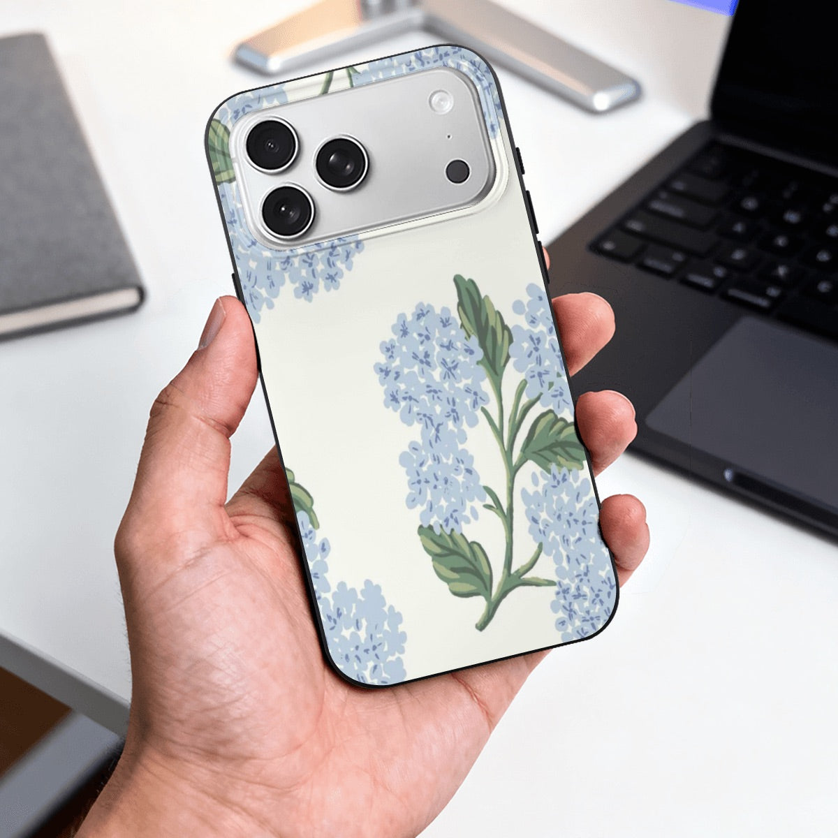 iPhone 17 Pro Max Case, blue hydrangeas
