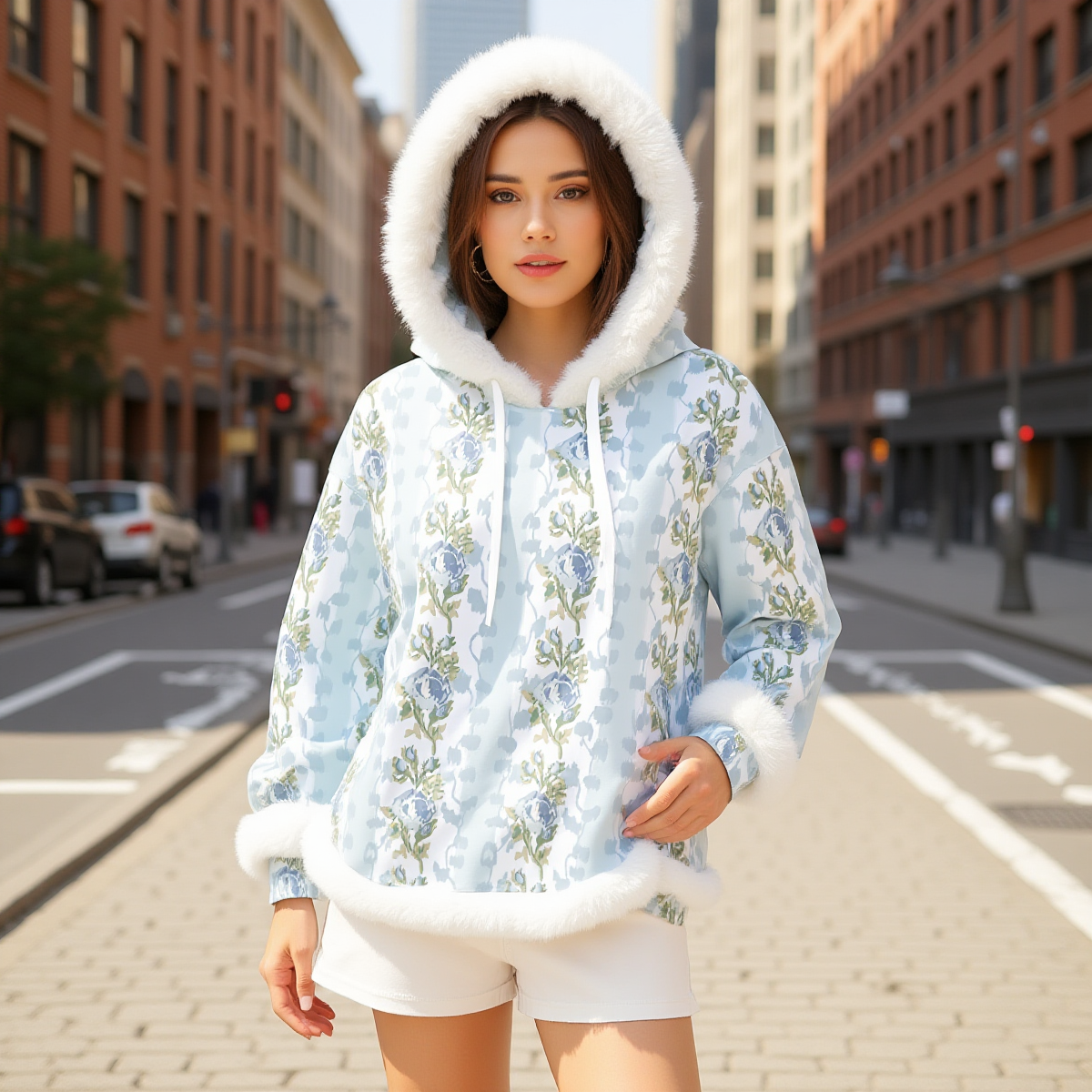 Winter Blue Floral Cozy Hooded Sherpa