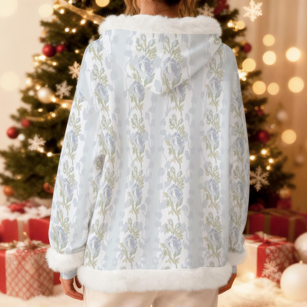 Winter Blue Floral Cozy Hooded Sherpa