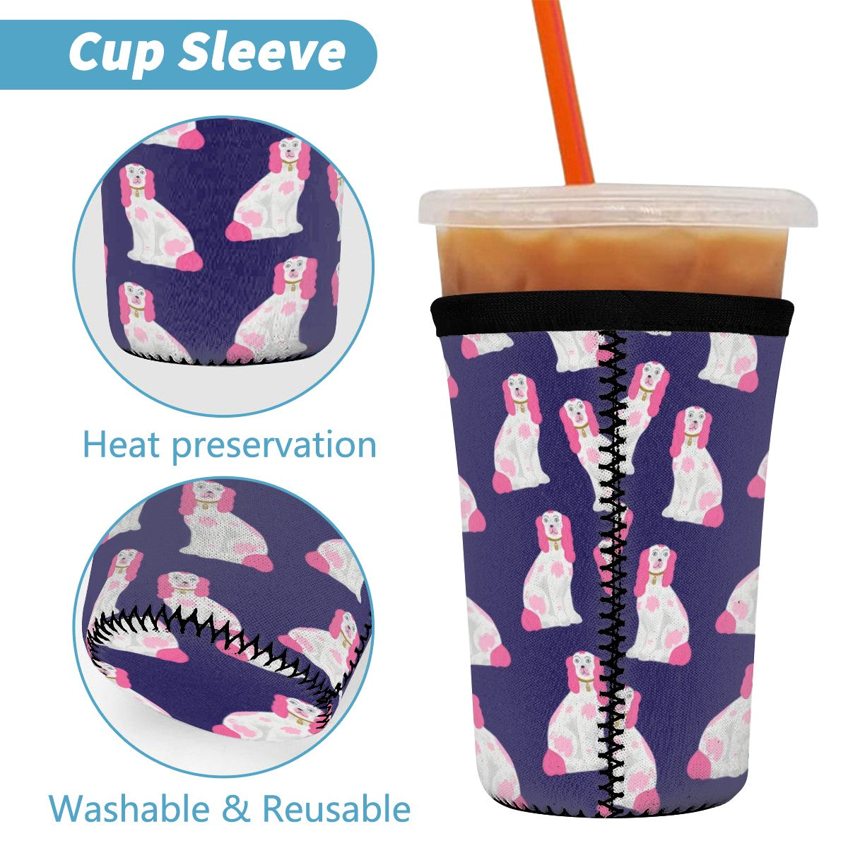 Pink Paws on Navy Neoprene Cup Sleeve 3pcs