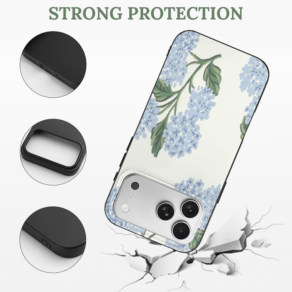 iPhone 17 Pro Max Case, blue hydrangeas