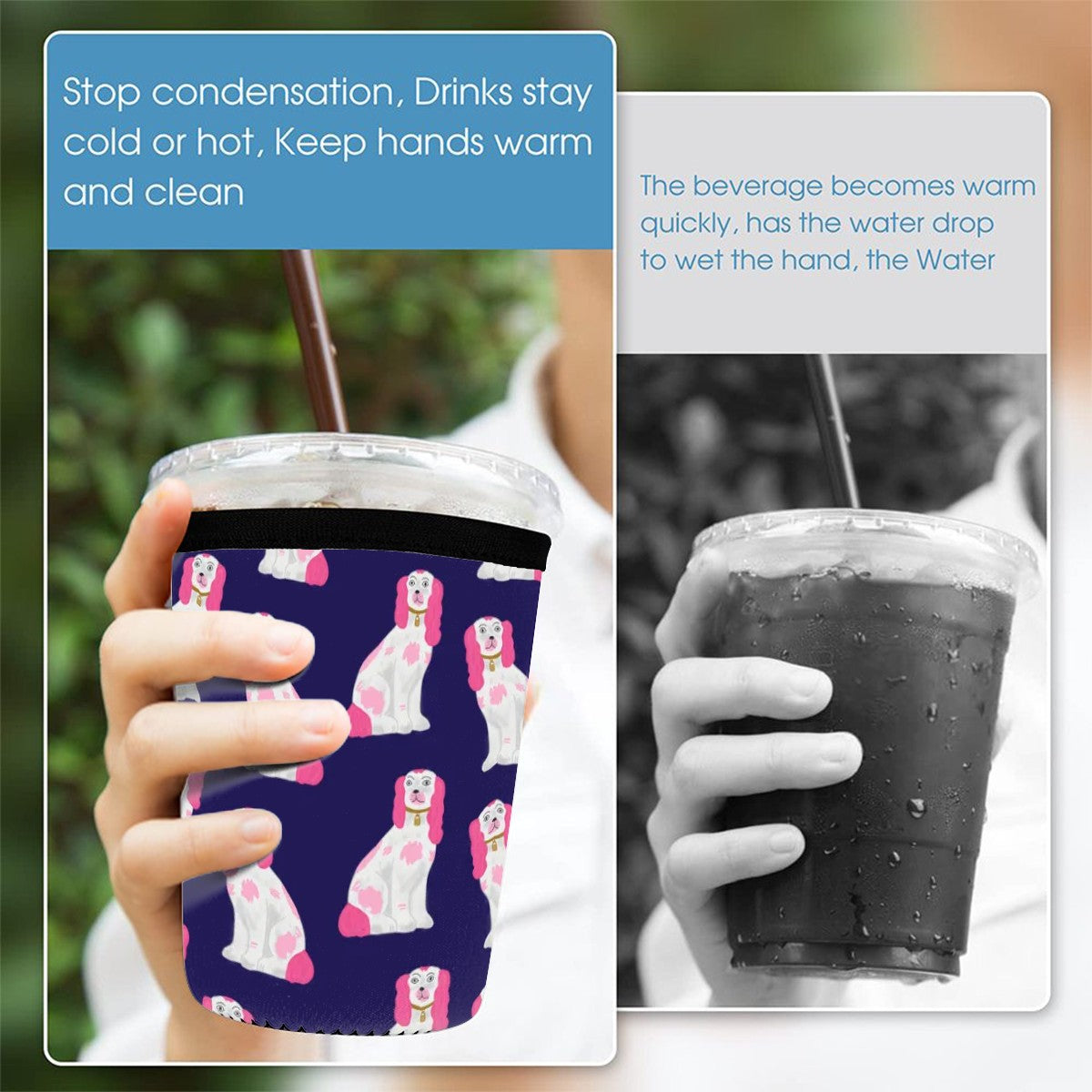 Pink Paws on Navy Neoprene Cup Sleeve 3pcs